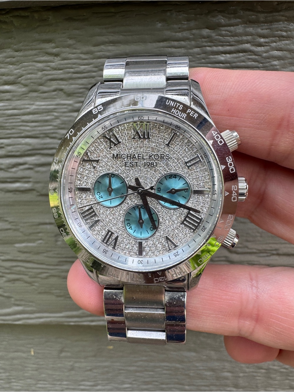 Michael Kors Silver Watch Sparkle face and baby blue Subdials